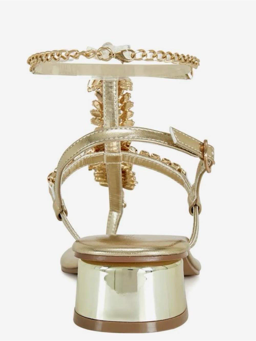 Women's Gold Jeweled T-Strap Sandals with Chain Ankle Strap - Picture 3 of 5